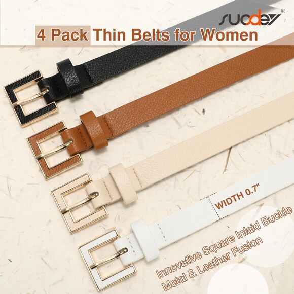 thin dress belt women macoking Belts for Women, Black Skinny Leather for Pants S Adjustable length 5166 4 Pack Women Skinny